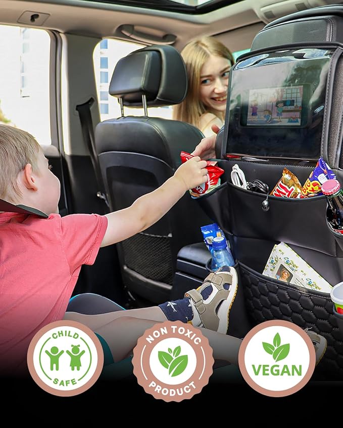 Owleys 2-in-1 Car Interior Set - Brown Eco Leather Seat Protector with Kick Guard + Kids Back Organizer with Tablet Pocket - Family Travel Gift