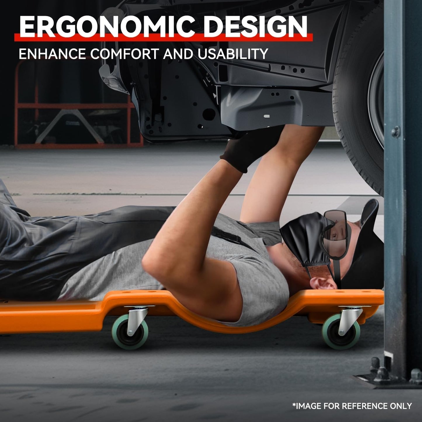 Auto Dynasty 40 Inches Mechanic Creeper, Automotive Garage Repair Low Profile Under Car Rolling Creeper with Padded Headrest, Plastic, Orange