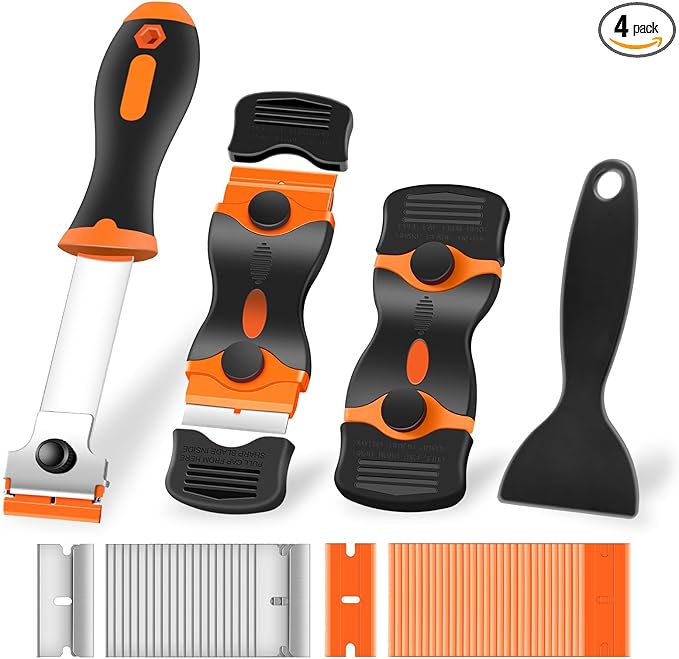 4 Pack Razor Blade Scraper, Premium Cleaning Scraper Tool with 50 PCS Metal & Plastic Razor Blades, Multi-Purpose Glass Scraper for Windows, Sticker, Decals, Cooktop, Paint Removal (Orange)