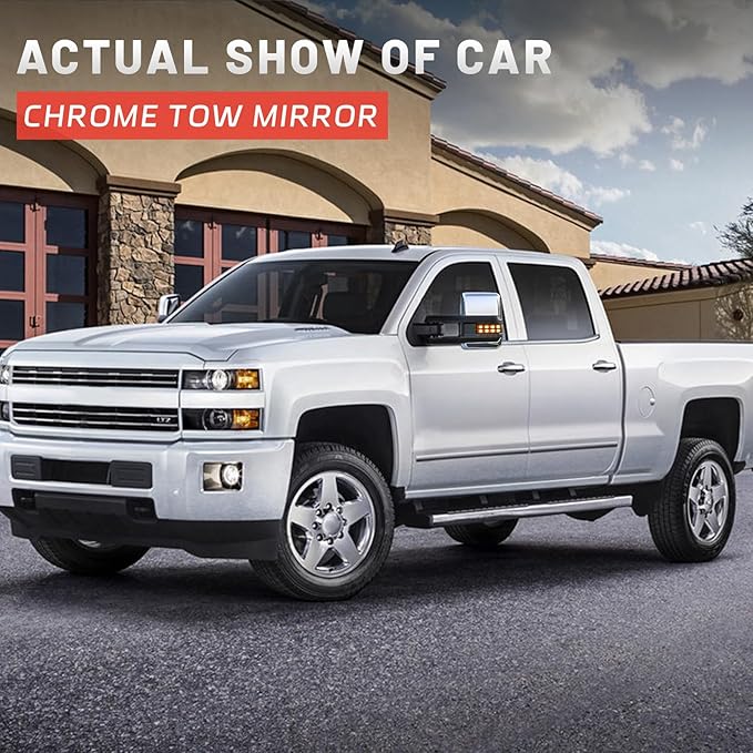 Towing Mirrors Compatible with 2014-2018 Chevy Silverado GMC Sierra 1500, 2014-2018 Silverado Sierra 2500 HD 3500 HD Chrome Power Heated Amber Turn Signal Light Manual Folding Pair Set
