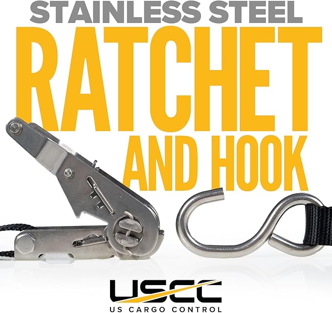 US Cargo Control Stainless Steel Ratchet Straps with S-Hooks 1" X 10' (4-Pack), 765 LBS Break Strength, Marine Tie Down Straps for Boats, ATVs, Trees, Camping, Snow, Saltwater Applications