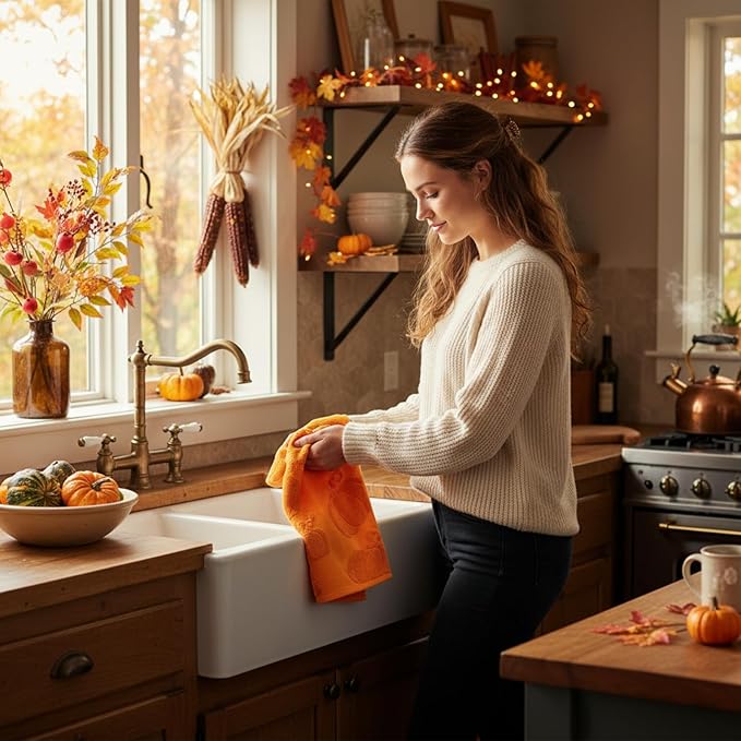 4 Pack 3D Fall Pumpkin Jacquard Hand Towels for Bathroom Jacquard Cotton Absorbent Fall Autumn Thanksgiving Orange Yellow Hand Towels for Holiday Decorative Bathroom Kitchen 14 X 30