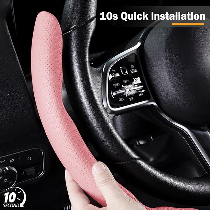 Nappa Leather Car Steering Wheel Cover for Men Women, Ultra-Thin Non-Slip Breathable Microfibre, Universal for 14.5"-15" Steering Wheel - Pink