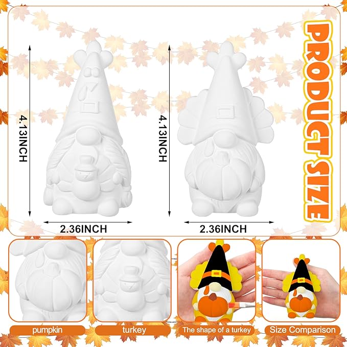 Hollowfly 2 Pack Fall Ready to Paint Your Own Gnome Statues 4" Thanksgiving Turkey Gnomes Blank Pumpkin Unpainted Ceramics Figurines Craft DIY Art with Brush Palette Paint for Adults