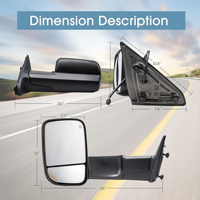 BOOLEE Towing Mirrors Power Heated Compatible with 2009-2018 Dodge Ram 1500,2019-2023 Dodge Ram 1500 Classic Arrow Lamp Puddle Light Temp Sensor Pickup Truck Tow Mirrors Black