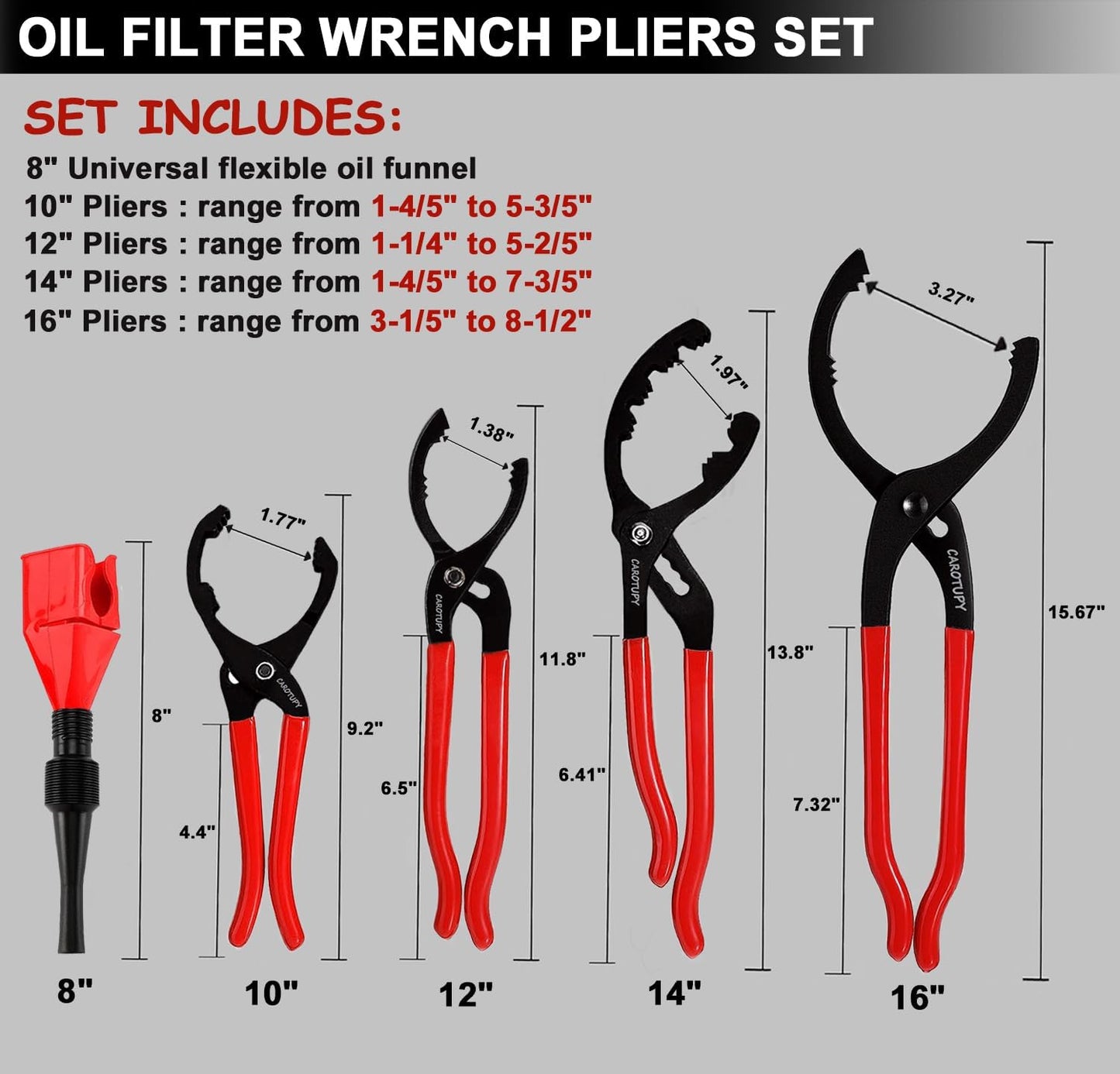 5Pcs Adjustable Oil Filter Pliers Set, Universal Oil Filter Removal Tool with Small Oil Funnel, 10" & 12" & 14" & 16" Oil Fliter Wrench From 1-1/4" to 8-1/2"
