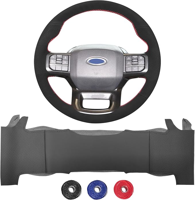 Microfiber Leather Hand Sewn Steering Wheel Cover Compatible with Ford F-150 XL/XLT/Limited 2021 2022 DIY Steering Wheel Protector On Wrap
