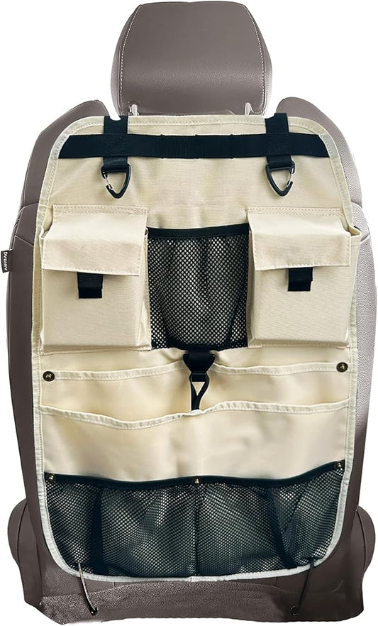 Car Seat Back Organizer with Multiple Storage Pockets, Black Mesh and Fabric, Universal Fit (beige)