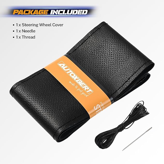 AUTOXBERT 38cm/15 Inch Genuine Leather DIY Steering Wheel Cover Soft Hand Sewing On Wrap Cover with Needles Thread fit for VW Ford Nissan Kia Vauxhall