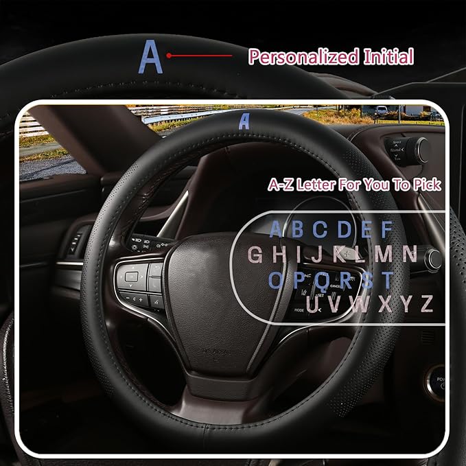 Genuine Leather Steering Wheel Cover for Men Women with Upgraded Silicone Inner Ring, Non-Slip, Breathable, Odorless, Universal 14.5-15 Inch (Blue U, Microfiber Nappa Leather)