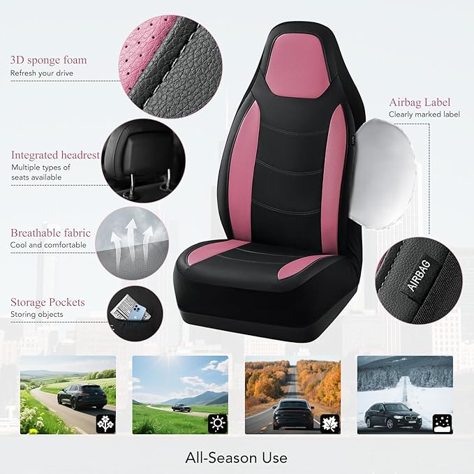 Road Comforts Car Seat Cover, Leather Seat Covers, Automotive Low Back Front Car Seat Covers, Airbag Compatible, Universal Fit for Most Cars (Pink)