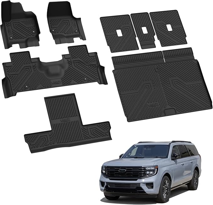 LASFIT Floor Mat & Cargo with Backrest Mat for Ford Expedition Max & Lincoln Navigator L 7 Seats 2025 2026(Not fit 8 Seats),Fit All Weather Protection TPE Easy Clean Floor Liners,Full Set,Black