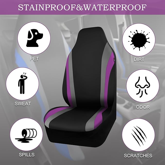 CAR PASS AquaShield Neoprene Waterproof Car Seat Covers Front Seats Only, High Back Bucket Seat Cover,Airbag Compatible,Seat Covers for Women Girl, Universal Fit for Auto Truck Van SUV (Black Purple)