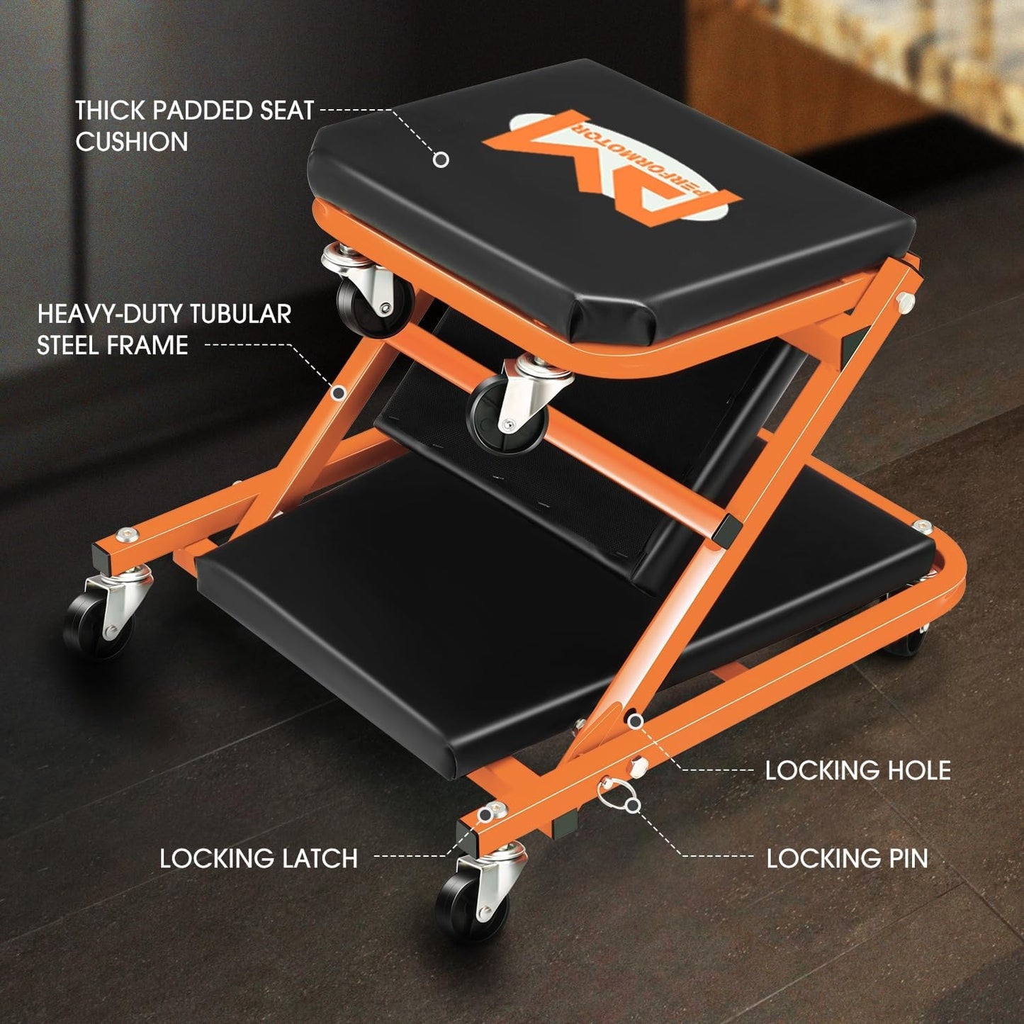 PM PERFORMOTOR 36 Inches Folding 2 in 1 Rolling Z Creeper, Adjustable Roller Garage Chair Lay Down or Sit, 6 Pcs 2" Casters, 150kg Weight Capacity, OrangePM-TOL-CPS36-OG