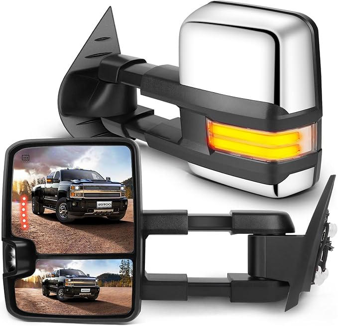 SCITOO Towing Mirrors Tow Mirrors Chrome Truck fit for 2008-2013 For Chevy Silverado For GMC Sierra All Models with Pair LH RH Power Adjusted Heated LED Turn Signal Running Light