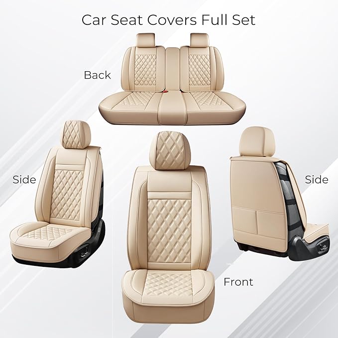 Huidasource Beige Seat Covers Full Set, Nappa Leather Seat Cover Hollow Design Airbag Pops, Front ＆ Back Seat, 5 Layers Seat Covers for Most Cars, Vans, Trucks, SUVs Universal Fit (Full Set/Beige)