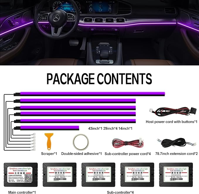 RGB Acrylic Ambient Lighting Car Lights, LED Strip Lights with APP Control, 593 LEDs Interior Car Lights, 6 in 1 Neon Car Ambient Lighting Kit