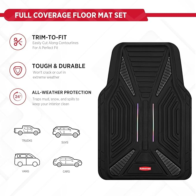 Rubbermaid Car Mat Full Set, Universal Trim-to-Fit Heavy-Duty Car Floor Mats – 4-Piece Set for All Weather Protection – Durable Rubber Mat for Cars, Trucks, SUVs & Vans-Black