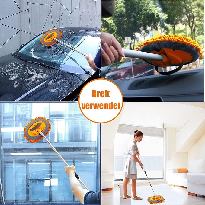 62" Car Wash Brush Mop Kit with Long Handle, 2 in 1 Chenille Microfiber Sponge Mitt Cleaning Detailing Duster for Washing Cars Truck SUV RV Caravans and Household(2 x Mop Head) (Orange)
