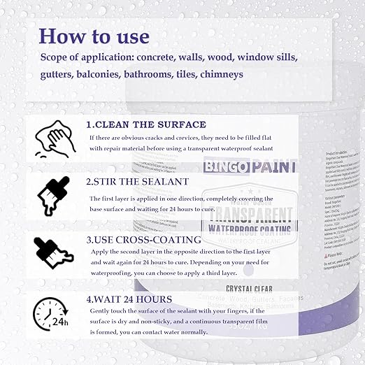 Transparent Waterproof Coating, BingoPaint Invisible Waterproof Agent Indoor & Outdoor Clear Sealant Water-Based Clear Sealant Roofs,Walls,Garden,Terraces,Shower,Window Sills,Concrete,35Oz