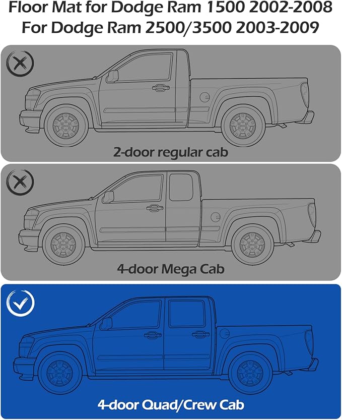 Car Floor Mats for Dodge Ram: Ram 1500 2002-2008 Crew Cab (Quad Cab) Ram 2500/3500 2003-2009 Crew Cab All-Weather Carpet Liners Front Rear Liners Custom Rubber Heavy Duty Truck Vehicle Accessories