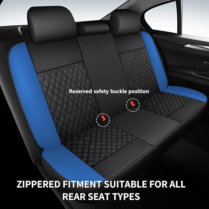 Blue Car Seat Covers,Breathable and Waterproof Seat Cover Full Set,PU Premium Universal Fit Automotive Airbag Compatible for Cars Sedans SUVs Vans and Trucks(Full Seat,Black+Blue,N1)