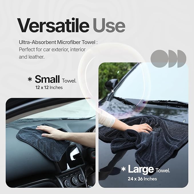 Crystal Clean 1300GSM Microfiber Towels for Cars – XL Drying Towel 2-Pack (24x36 & 12x12) with Double Twisted Loop, Professional Detailing Towel Car Detailers - Quick Dry, Paint Safe & Swirl-Free