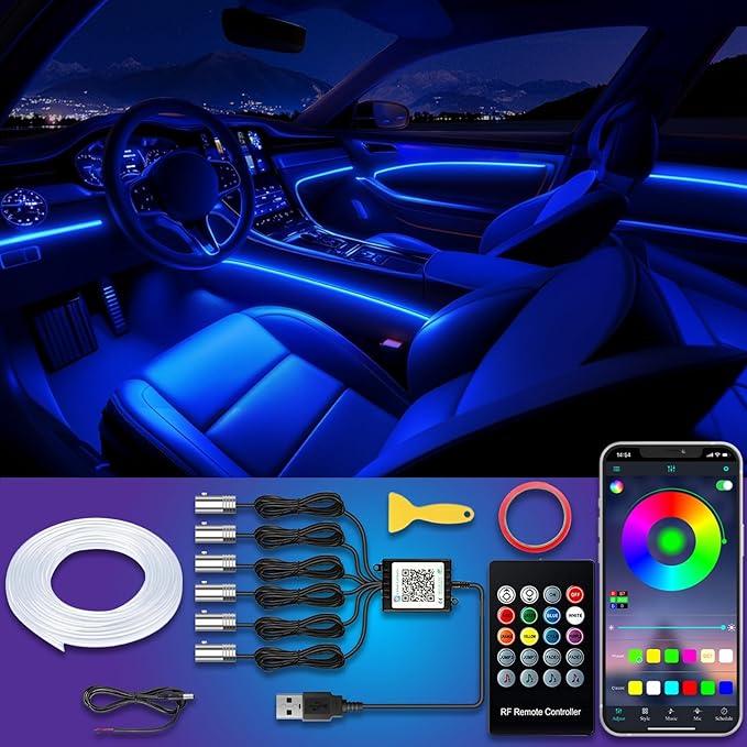 USB Interior Car LED Strip Lights with Wireless APP and Remote Control, RGB 6 in 1 Ambient Lighting Kits with 315 inches 3.0mm Fiber Optic, 16 Million Colors Car Neon Lights, Sync to Music