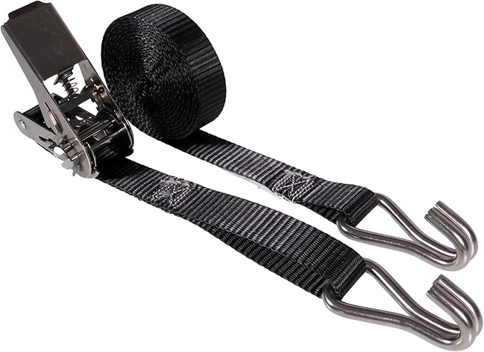 US Cargo Control Stainless Steel Ratchet Strap with Double Wire Hooks, 1" x 10', 1,500 LBS Break Strength, Marine Tie Down Straps for Boats, ATVs, Camping, Snow, Saltwater Applications