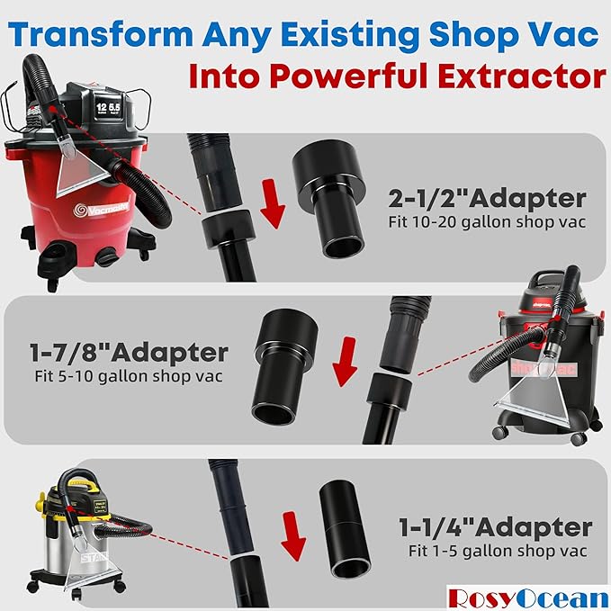 Universal Compatible with All Shop Vacs Extractor Attachment with 2-1/2" & 1-7/8" & 1-1/4" Three Adapters Auto Detailing Vacuum Head Extraction Accessory for Upholstery & Carpet Cleaning