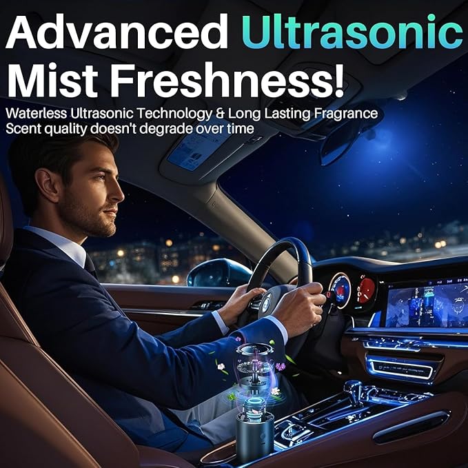 Smart Car Air Freshener Diffuser, Car Diffuser Air Fresheners Long Lasting with 100ml Perfume Last 6 Months, RGB Music Syncing Light, Auto On/Off Intelligent, 5 Adjustable Rechargeable Aroma Diffuser