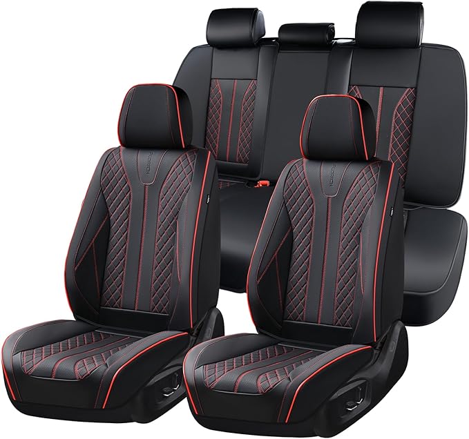 FLORICH Leather Seat Covers, Car Seat Covers Front Seats Back Seat Cover 5 Seats Automotive Seat Covers Leather Seat Covers for Cars Universal Fit for Most Cars SUV Trucks, Black&Red Line