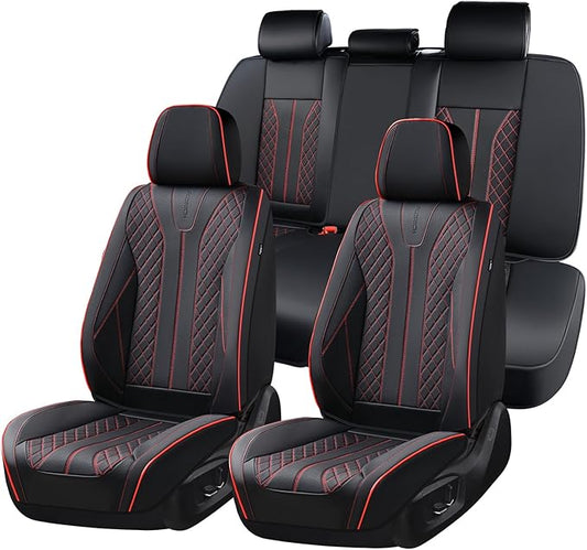 FLORICH Leather Seat Covers, Car Seat Covers Front Seats Back Seat Cover 5 Seats Automotive Seat Covers Leather Seat Covers for Cars Universal Fit for Most Cars SUV Trucks, Black&Red Line