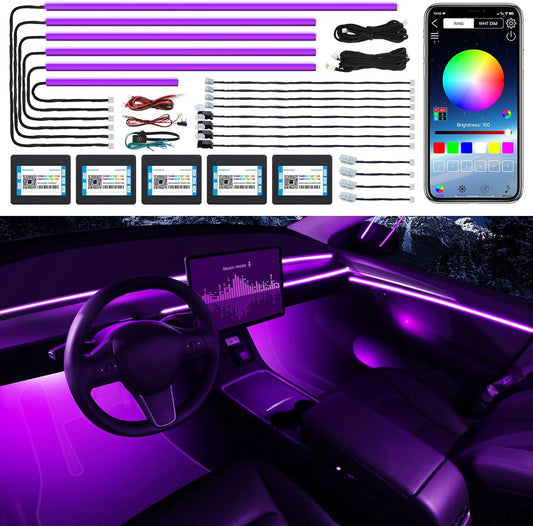 Acrylic Interior LED Strip Light With Wireless APP, RGB 18 in 1 With 175 Inches 600 LEDs Fiber Optic Ambient Lighting Kits for Car, 16 Million Colors Sound Active Function
