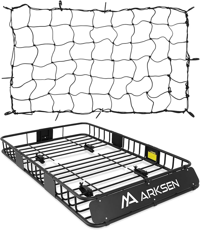 ARKSEN 64 x 39 x 6 Inch Universal 150LB Heavy Duty Roof Rack Cargo with Cargo Net, Car Top Luggage Holder Carrier Basket with Extension for SUV, Truck or RV Camping Storage Steel Construction