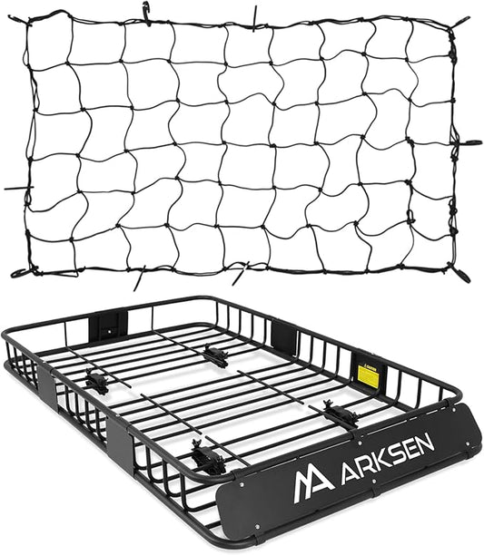 ARKSEN 64 x 39 x 6 Inch Universal 150LB Heavy Duty Roof Rack Cargo with Cargo Net, Car Top Luggage Holder Carrier Basket with Extension for SUV, Truck or RV Camping Storage Steel Construction