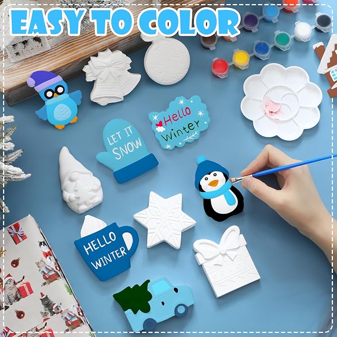 Simgoing 24 Sets Christmas Winter Ceramics to Paint Set Gnomes Ready to Paint 24 Unpainted Ceramics with Acrylic Brushes Magnets DIY Snowflake Snowman for Winter