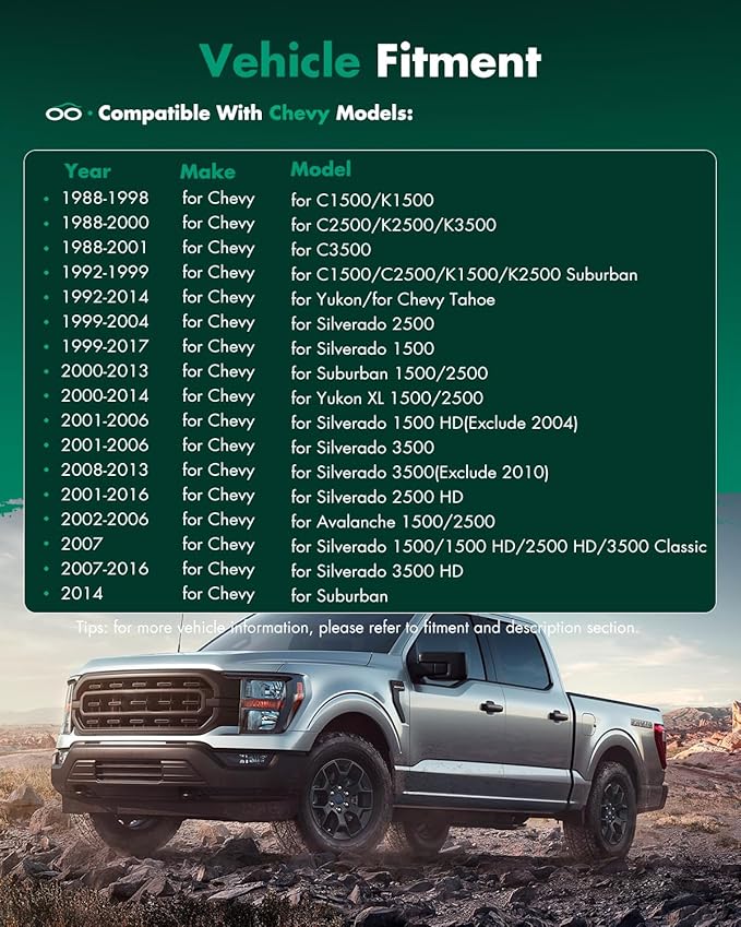 SCITOO Upper Flat Towing Mirror Glass Replacement with Right Passenger Side Mirror Lens Compatible with 1988-1998 For Chevy/For GMC C1500/K1500 1988-2000 For Chevy/For GMC C2500/K2500/K3500