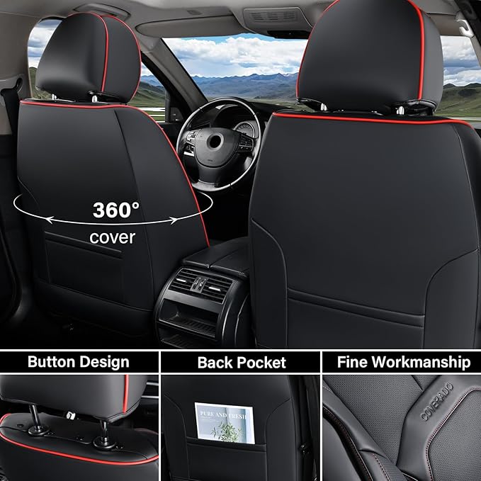 Coverado Car Seat Covers Full Set, Premium Nappa Leather Seat Covers for Car, Waterproof Car Seat Protector with Lumbar Support, Car Seat Cover Universal Fit for Most Cars SUV Truck(Black&Red)