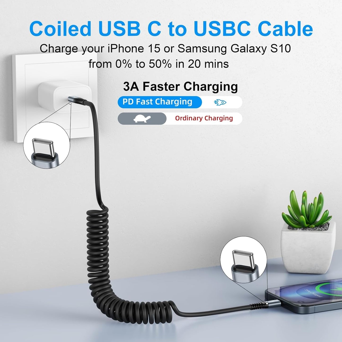 KIYODA 3FT & 6FT USB C to USB C Cable 2Pack - Coiled Type C Fast Charging Cable for Car, Compatible with iPhone 16/15/Plus/Pro/Pro Max/MacBook Pro 2020/Samsung Galaxy S23