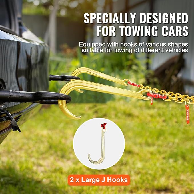 VEVOR G80 V Bridle Chain, 5/16" x 2' Towing Chain Bridle with 15" J Hooks and Grab Hooks, Heavy Duty Transport Tow Chain Bridle with 10800 lbs Safe Working Load for Flatbed Truck Wrecker Recovery