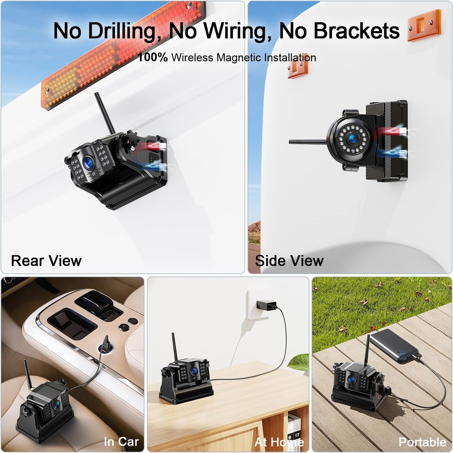 Fookoo HD 1080P 9" Magnetic Wireless Backup Camera,9" IPS Monitor, Rechargeable 2 Side View 2 Rear View Cameras, 1-Min Easy Install, Long Battery Life No Drilling IR Light for RV Truck Trailer DCX904