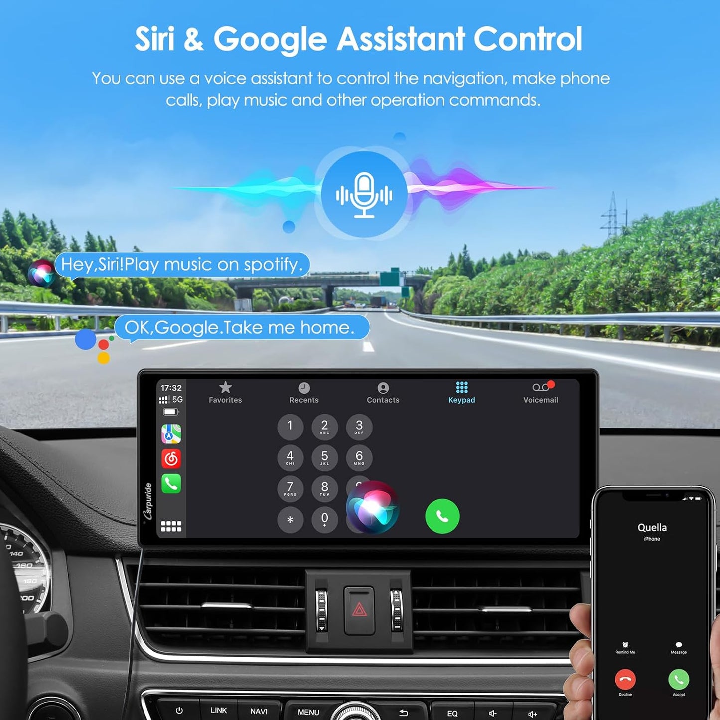 CARPURIDE 10.26 Inch Wireless/Wired Apple CarPlay, Android Auto and Mirror Link - 1600 * 600 IPS Touch Screen Portable Car Stereo, Bluetooth Audio, Siri, Navigation Car Screen for All Vehicles