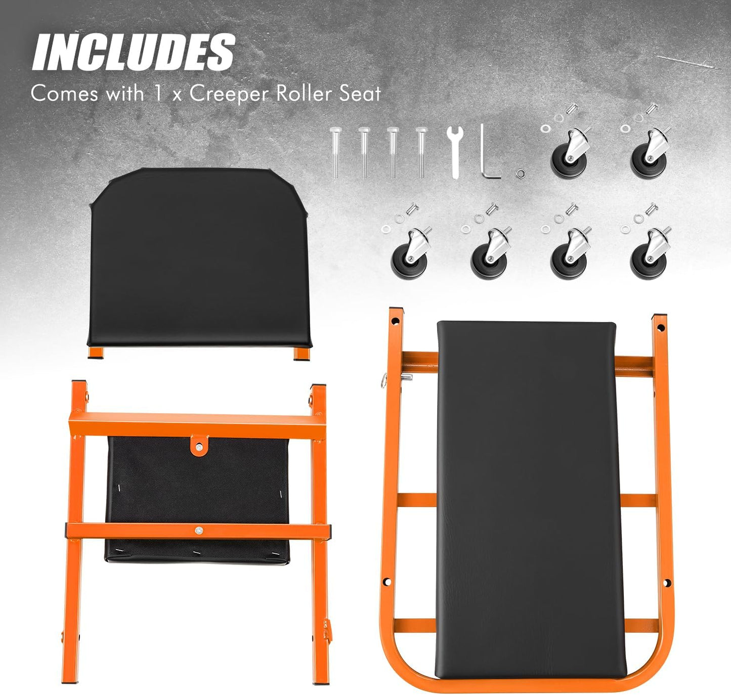 DNA MOTORING 40 Inches Folding 2 in 1 Rolling Z Creeper, Adjustable Roller Garage Chair Lay Down or Sit, 6 Pcs 2" Casters, 150kg Weight Capacity, Orange, TOOLS-00187-OG