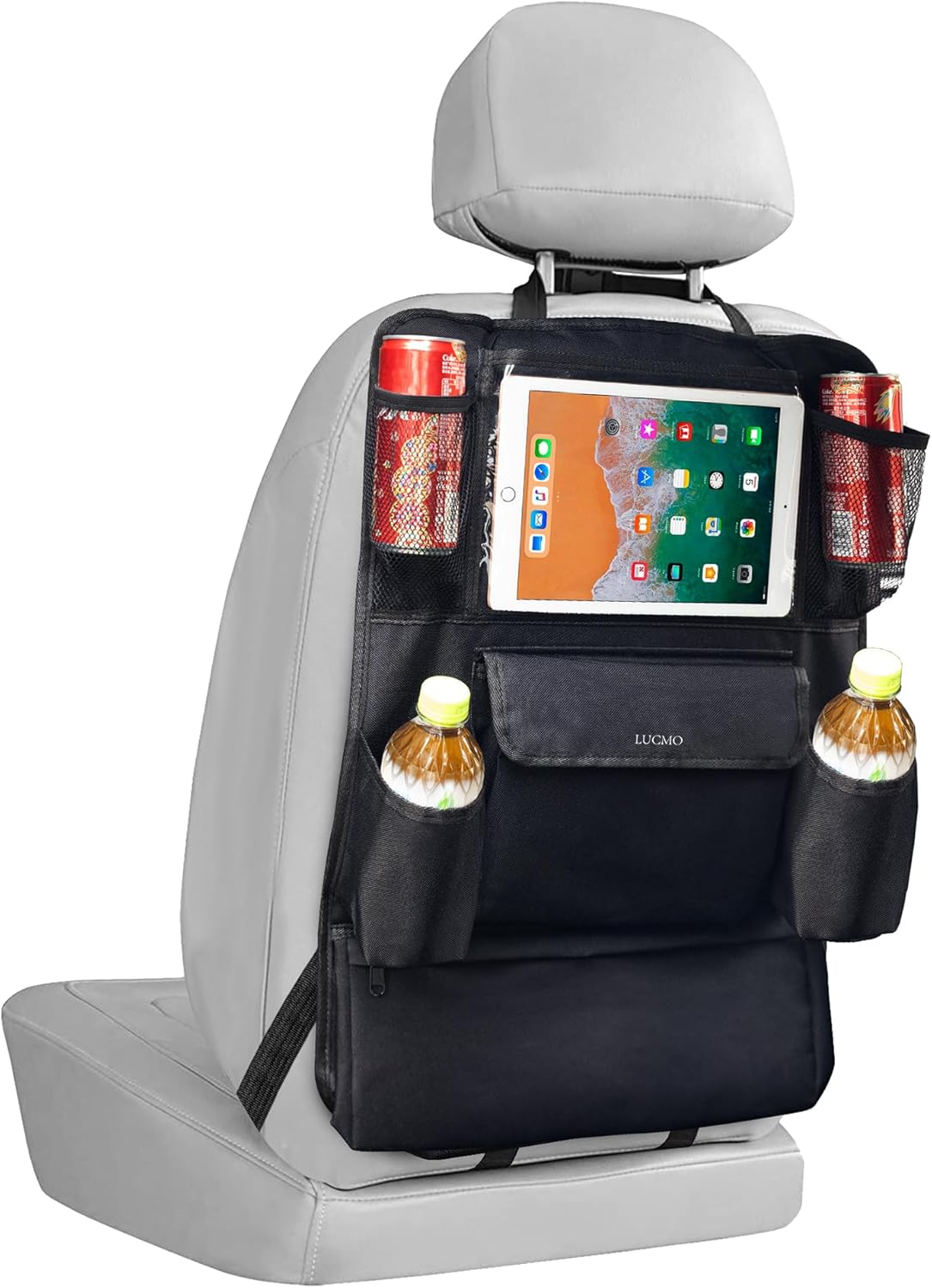 LUCMO Car Backseat Organizer with Touch Screen Tablet Holder,9 Storage Pockets Protectors Kick Mats Travel Accessories for Kids-Black