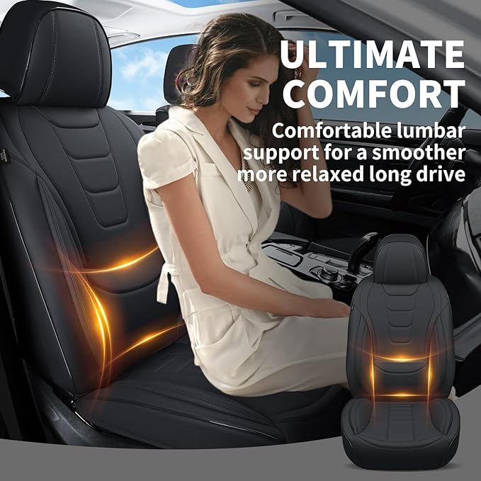 Car Seat Covers for Full Set – Waterproof & Breathable Faux Nappa Leather, 360° Wrap Design, Airbag Compatible, Lumbar Support, Perfect for Drivers With Back Pain From Sitting Too Long – Black