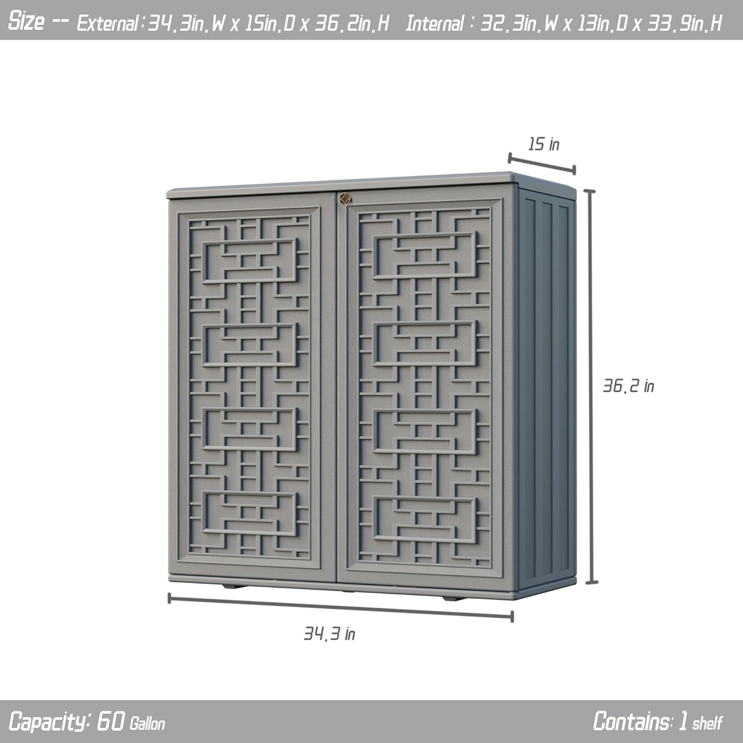 Indoor Outdoor Storage Cabinet Waterproof with Shelf,Plastic Storage Sheds Outdoor Cabinets for Patio/Garden/Backyard, Size 34.3''L*15''W*36.2''H（Gray）