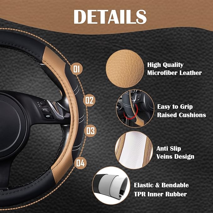 CAR PASS Line Rider Microfiber Leather Sporty 14.5-15 inch Steering Wheel Cover Universal Fits for 95% Truck,SUV,Cars, Anti-Slip Safety Comfortable Design (Black Beige)
