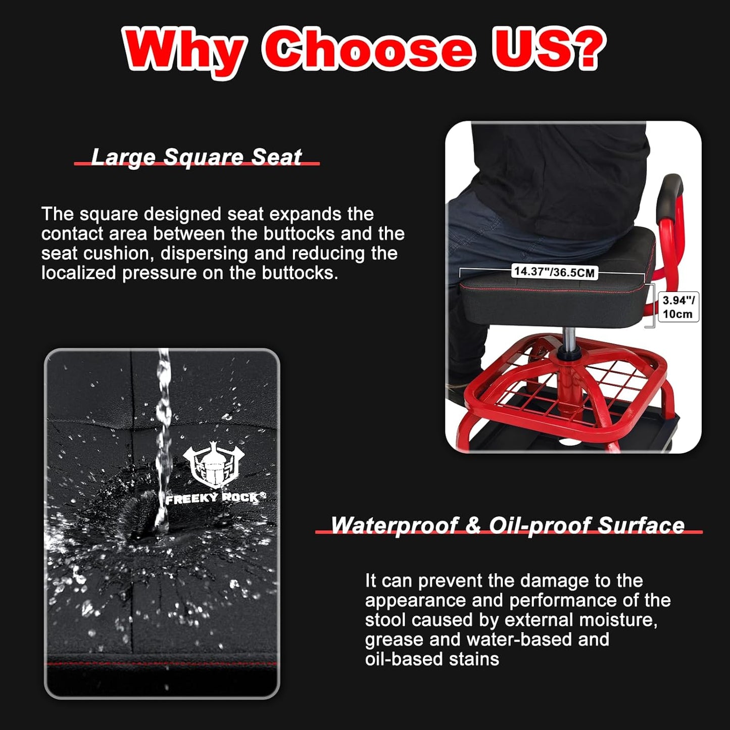 Rolling Shop Stool with Wheels, Garage Mechanic Shop Chair with Handle Backrest, Adjustable Height Work Stool, Roller Seat with Tool Tray Storage, Heavy Duty, 330 LBS Capacity, Red