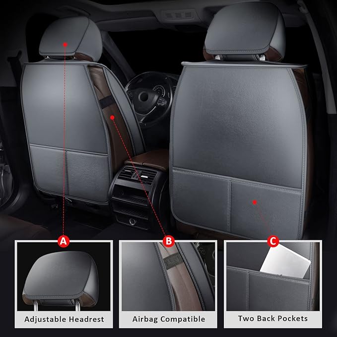 MIROZO Car Seat Covers Full Set - Leather Seat Covers Grey Breathable Vehicle Cushion Cover Fit for Most Sedan, Truck and SUV for Elantra Sonata Sportage CRV Accord Chevy Equinox (Gray)